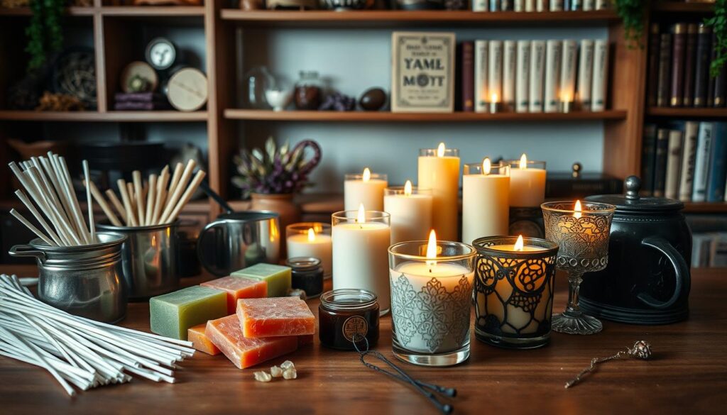 A cozy candle work setup, featuring a variety of candle-making tools elegantly arranged on a wooden table. In the foreground, display melting pots, wicks, and scented oils, while colorful wax blocks spill slightly off to the side. In the middle ground, a selection of handmade candles in intricate glass holders flickering softly, casting a warm glow. The background includes shelves filled with herbs, crystals, and spell books, creating an inviting atmosphere of magic and creativity. Use soft, diffused lighting to enhance the warm ambiance, with a slight focus on the flickering candle flames and gentle shadows that create a tranquil, mystical mood. Aim for a close-up angle that conveys intimacy and inspiration for the art of candle magic.