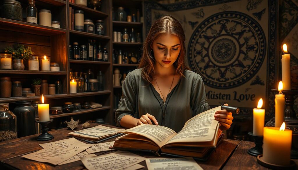 A cozy, dimly lit apothecary filled with shelves of herbs, candles, and potion bottles. In the foreground, a beautiful Caucasian woman in modest casual clothing, intently studying an ancient spell book, her brow furrowed in concentration. She is surrounded by scattered parchment with handwritten notes about love spells, some successfully crossed out while others are highlighted with red ink, indicating troubleshooting steps. The middle ground features a rustic wooden table adorned with candlelight that flickers, casting warm shadows across the room. The background reveals an intricately designed tapestry depicting symbols of love and relationships. The atmosphere is thick with a sense of mystique and contemplation, inviting viewers into the world of magic and spellcasting. Soft, warm lighting enhances the inviting yet serious mood, with focus on the woman’s expression of determination and curiosity as she navigates the complexities of her craft.