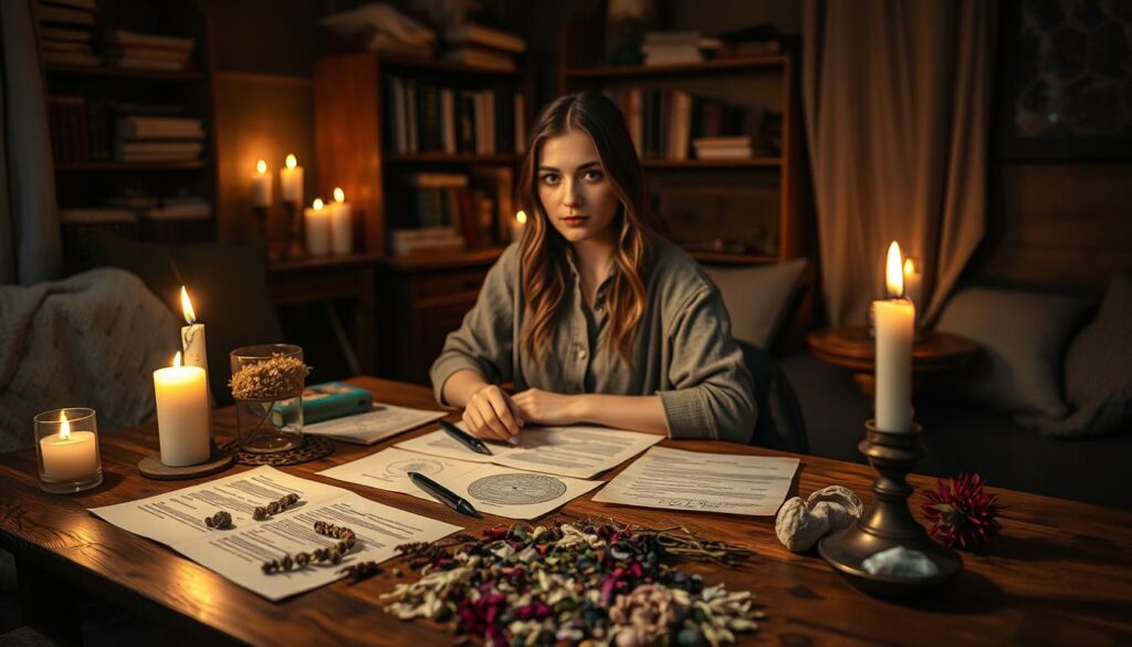 A cozy, dimly lit room filled with an inviting atmosphere, featuring a wooden table covered with various ritual materials for a love spell. In the foreground, a beautiful Caucasian woman in modest casual clothing sits thoughtfully, surrounded by sheets of colorful paper, a sleek pen, and a flickering candle casting a warm glow. The middle layer reveals an array of optional add-ons like dried flowers, herbs, and crystals artfully arranged around her. The background softens with shelves filled with mystical books and soft, organic textures like cotton and linen. The scene is illuminated by candlelight, creating a sense of intimacy and focus, inviting the viewer to feel the magic of preparation and intention in the air.