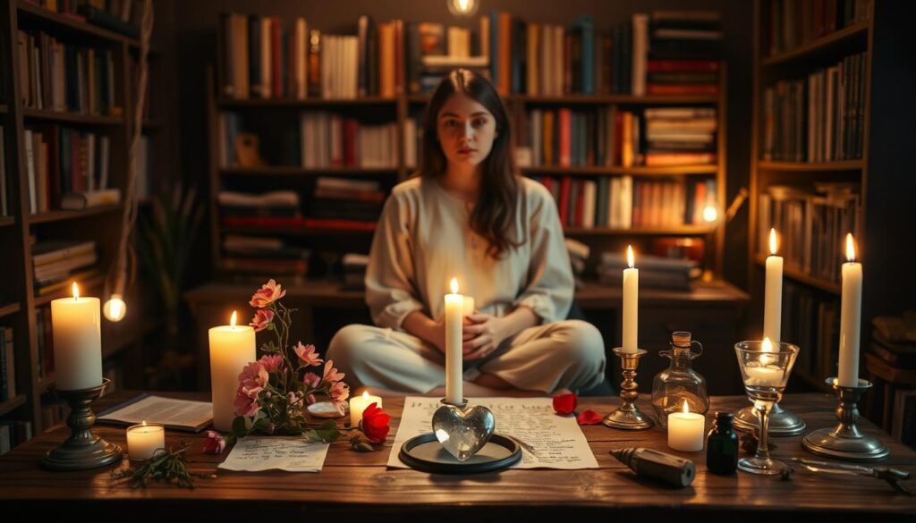 A cozy, dimly-lit room filled with mystical ambiance, focusing on a beautifully arranged altar for a beginner love spell. In the foreground, a wooden table adorned with softly glowing candles in various heights, delicate pink and red flowers, and a small crystal heart. Surrounding the altar, a few tools like herbs, parchment with handwritten notes, and a small potion bottle. In the middle, a young Caucasian woman, dressed in a modest, flowing dress, sits cross-legged with a focused expression, gently holding a lit candle. The background features softly blurred shelves filled with books on spells and potions, creating a warm, inviting atmosphere. The lighting is warm and gentle, enhancing the magical feel of the scene, evoking a sense of hope and possibility.