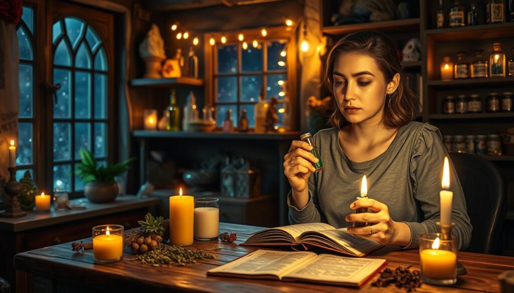 A cozy, dimly lit room filled with mystical décor, featuring a wooden table scattered with candles, herbs, and a spell book in the foreground. A thoughtful Caucasian woman, dressed in modest casual clothing, sits at the table looking contemplative while inspecting a potion in her hand. In the middle background, shelves lined with crystals and potion bottles create an enchanting atmosphere, while a window reveals a starry night sky, casting a soft, magical glow into the room. The lighting should evoke a sense of warmth and curiosity, with gentle shadows highlighting the woman's focused expression. The overall mood is one of introspection and determination, as she troubleshoots her love spell.