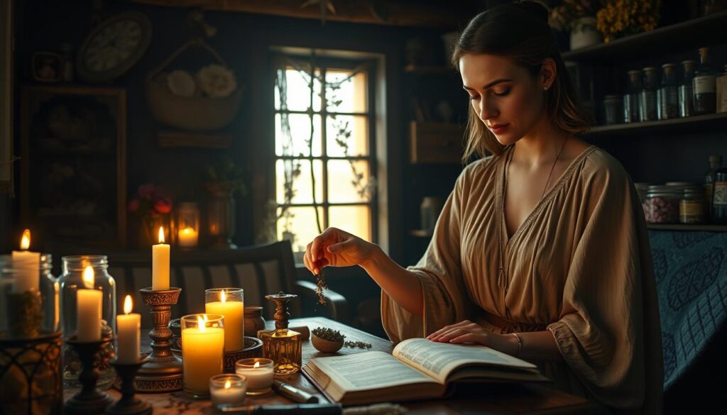A cozy, dimly-lit room filled with mystical items that suggest the practice of love spells. In the foreground, a beautifully arranged altar featuring candles, crystals, and a small open spell book is highlighted, emanating a soft glow. A beautiful Caucasian woman dressed in modest, flowing attire is intently crafting a love spell, her expression focused and serene, as she lightly sprinkles herbs onto the altar. In the middle ground, shelves lined with jars of potions and dried flowers create a sense of depth and intrigue. The background reveals a softly glowing window, allowing a gentle, warm light to filter in, enhancing the enchanting atmosphere. The overall mood is inviting and magical, embodying the essence of spell work and intention.