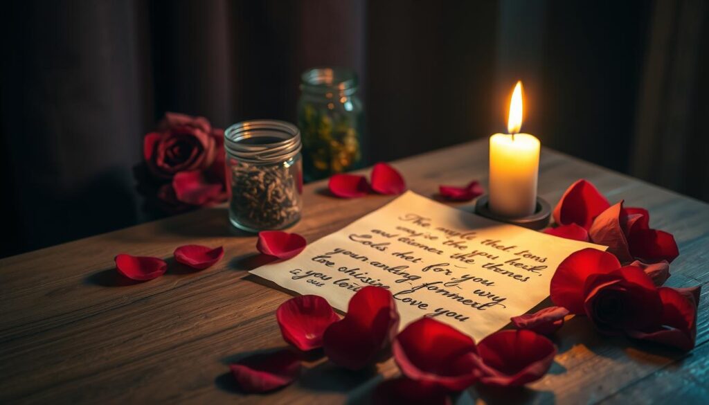 A cozy, dimly lit room serves as the setting for a "paper-and-candle love spell." In the foreground, a wooden table is adorned with a delicate, handwritten love letter on parchment paper, surrounded by vibrant red rose petals. A flickering candle, with a warm golden flame, casts enchanting shadows across the scene. In the middle distance, a small crystal jar filled with herbs sits next to the letter, reflecting the candlelight. The background features soft, muted tones of deep blues and purples, evoking a sense of mystery and romance. The atmosphere is serene yet charged with an underlying energy of hope and connection, inviting the viewer to imagine the spell being cast. The image captures the essence of love and enchantment, appealing to those seeking lasting affection.