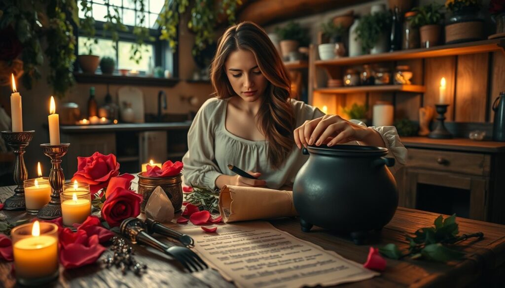 A cozy, enchanting home setting illuminated by warm, soft candlelight. In the foreground, a wooden table is adorned with mystical supplies: a small cauldron, fresh rose petals, shimmering crystals, and fragrant herbs. A pair of hands, elegantly clad in modest attire, gracefully mix a concoction while a delicate scroll lies nearby, detailing the steps of a love spell. In the middle ground, a young Caucasian woman studies the ingredients with a focused expression, her hair flowing gently. The background features a rustic kitchen with herbs hanging from the ceiling and shelves lined with jars. The overall mood is magical and serene, evoking a sense of intimacy and enchantment, capturing the essence of performing a love spell at home.