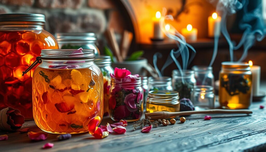 A cozy, enchanting scene featuring a collection of various honey jars, each filled with colorful, magical ingredients that evoke the essence of love spells. In the foreground, a beautifully crafted glass jar with a golden honeycomb texture sits next to smaller jars containing vibrant petals, herbs, and shimmering crystals. The middle ground reveals a softly lit wooden table adorned with delicate plumes of smoke curling from burning incense, adding an air of mystique. In the background, a warm, inviting atmosphere is created by soft, candlelight flickering against a rustic wall. The overall mood is whimsical yet serene, captured from a slightly elevated angle to provide depth. Soft, natural lighting enhances the golden hues of the honey and the lush colors of the spell ingredients, inviting viewers into a world of magical possibilities.