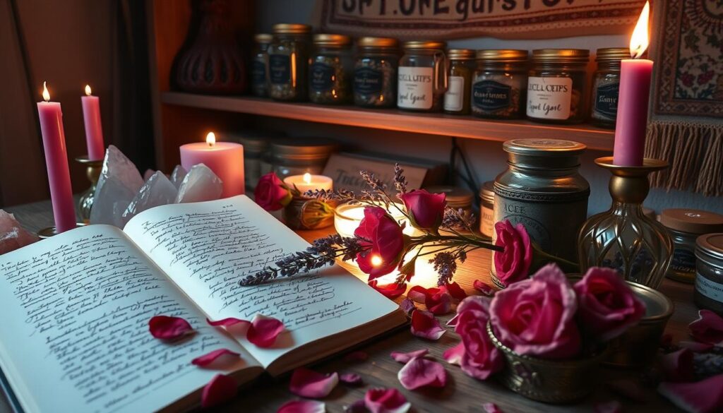 A cozy, enchanting workspace filled with materials that amplify love work, set in a softly lit room. In the foreground, a beautifully arranged altar with crystal quartz, pink candles, dried rose petals, and an open spellbook featuring delicate, handwritten notes. In the middle, a gentle haze of purple and gold light illuminates a small bouquet of lavender and red roses, symbolizing romance and tranquility. The background features a wooden shelf lined with jars of herbs and potions, with a hint of an ancient tapestry hanging on the wall. The overall mood is warm and inviting, exuding a sense of magic and intention. The lighting is soft and golden, reminiscent of a sunset, creating an ethereal atmosphere perfect for love rituals.