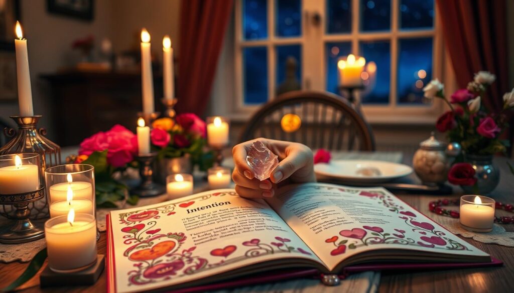 A cozy, inviting scene depicting a beautifully laid-out table adorned with candles, crystals, and fresh flowers, suggesting the practice of love spells. In the foreground, a beautifully crafted spell book with vibrant illustrations of heart symbols and romantic motifs opens to a page titled “Intention.” In the middle ground, a pair of hands gently placing a small rose quartz crystal, known for its love-attracting properties, on the table, conveying intent and energy. The background features soft, ambient candlelight illuminating the warm, inviting space, with a window revealing a starry night sky, enhancing a mystical atmosphere. The mood is serene and enchanting, conveying a sense of connection and positive energy surrounding the scene.