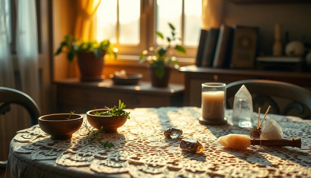 A cozy, rustic table set in a warmly lit, inviting room. In the foreground, an assortment of simple tools is neatly arranged: a small wooden bowl, some fresh herbs, a candle, and crystals, each exuding a unique charm. The middle ground features a beautiful lace tablecloth, partly covering the tools, with soft golden sunlight filtering through a window, casting gentle shadows. In the background, a potted plant and a few well-worn spell books are visible, hinting at a magical atmosphere. The overall mood is serene and enchanting, embodying the essence of home and creativity. The scene is captured from a slightly elevated angle, showcasing the details of the tools while maintaining a warm, inviting ambience.