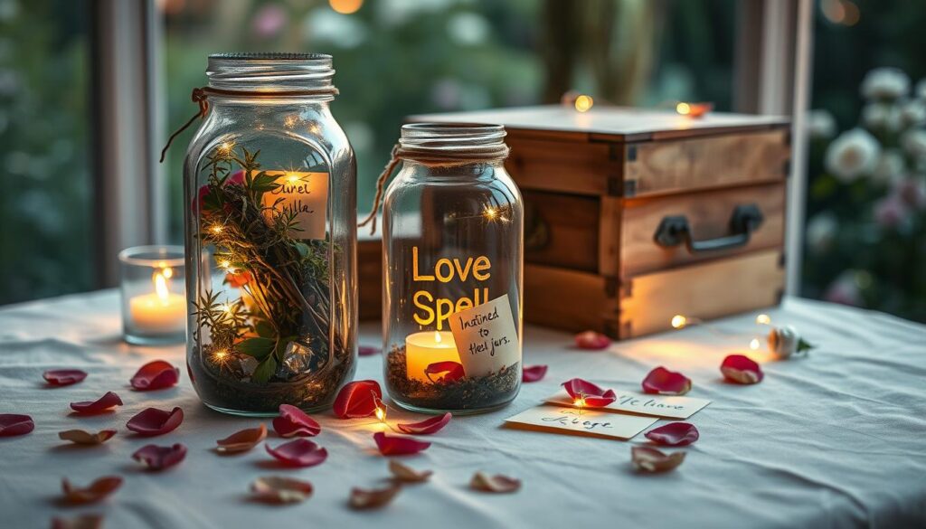 A cozy, softly lit table at dusk, featuring a beautifully crafted love spell jar made of glass, adorned with delicate herbs, crystals, and twinkling fairy lights. In the foreground, the jar is surrounded by scattered rose petals and small parchment notes with handwritten intentions. The middle ground includes a rustic wooden box, suggesting a safe storage for retired jars, with subtle shadows emphasizing its warmth. The background features a softly blurred glimpse of a mystical garden, with gentle green hues and hints of blooming flowers, creating an enchanting atmosphere. The warm light casts a serene glow, evoking feelings of protection and tranquility, perfect for the theme of storing and safeguarding one's intentions.