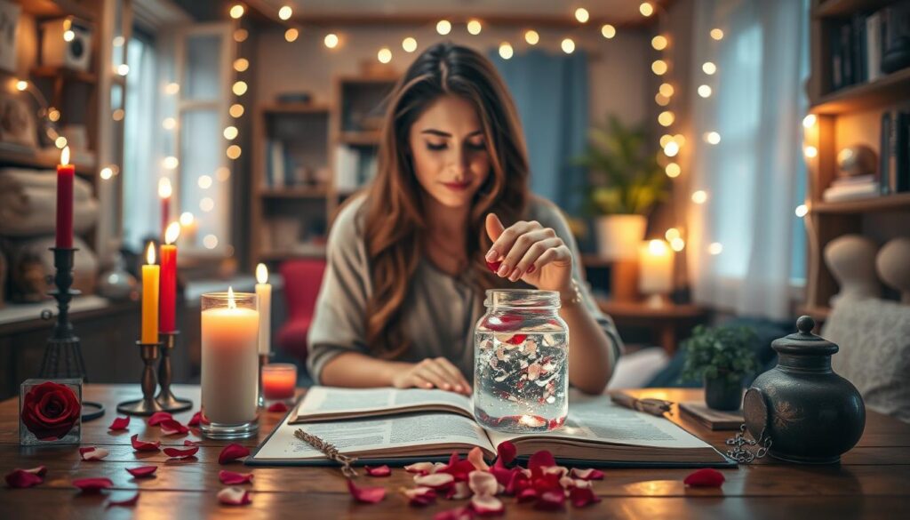 A cozy, warmly lit room filled with magical elements for love spell tutorials. In the foreground, a polished wooden table showcases colorful candles, rose petals, an open spellbook, and various herbs. A delicate crystal jar filled with shimmering love potion catches the light. In the middle ground, a serene, beautiful Caucasian woman, dressed in modest casual clothing, concentrates on the spellwork, softly pouring petals into the potion. She has long, flowing hair that cascades around her shoulders. In the background, softly glowing fairy lights hang above, creating an enchanting atmosphere. The scene is enriched with gentle shadows and a soft focus to enhance the magical mood, captured with a warm lens that invites viewers into this romantic space.