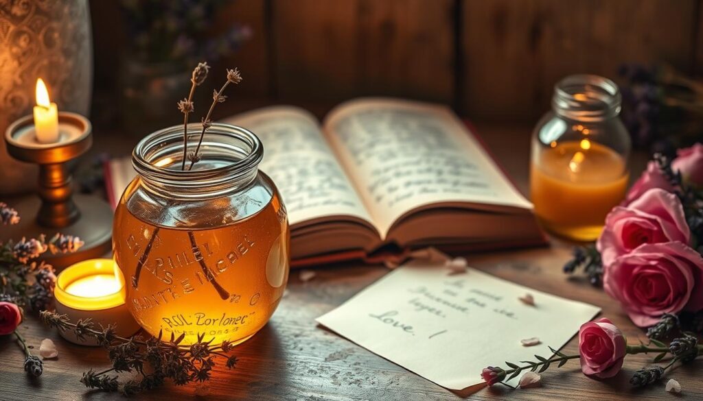 A cozy, warmly lit scene depicting a beautifully crafted honey jar at the forefront, adorned with delicate herbs and a gentle glowing candle beside it. The honey jar, round and glass, is filled with glistening golden honey, capturing light as it reflects off the glass. In the middle background, a rustic wooden table is set with an open spell book and handwritten notes, hinting at the art of spellcraft. Soft, ambient lighting creates a magical atmosphere, while hints of lavender and roses surround the setting, enhancing the theme of love. The image is captured from a slightly elevated angle, inviting the viewer into this enchanting moment of crafting a love spell.