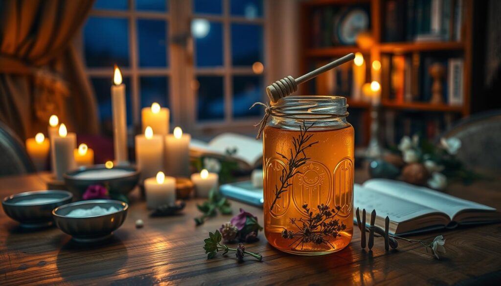 A cozy, warmly lit space featuring a beautifully crafted honey jar at the foreground, filled with golden, glistening honey and adorned with herbs and crystals. Surrounding the jar, delicate candle flames flicker softly, illuminating the scene with a gentle glow. In the middle ground, a wooden table is scattered with ritualistic tools—small bowls of salt, fresh flowers, and a notepad with neatly written intentions. In the background, subtle hints of a softly blurred bookshelf filled with mystical books and a window revealing a serene, moonlit night sky. The atmosphere exudes tranquility and magic, inviting the viewer to explore the art of manifestation. The composition is shot with a shallow depth of field to enhance the main elements, creating an intimate, enchanting scene.
