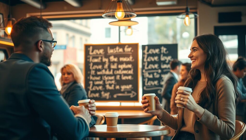 A cozy, well-lit coffee shop setting featuring a group of diverse people engaged in conversation about love. In the foreground, two beautiful Caucasian friends, one male and one female, both dressed in smart casual attire, are animatedly discussing sentences that express love, with coffee cups in hand. The middle ground shows a chalkboard with handwritten love quotes, surrounded by warm ambient lighting from hanging pendant lights. In the background, a window reveals a sunny day outside, with passersby creating a lively atmosphere. Soft focus on the background to emphasize the foreground discussion, creating a cheerful and inviting mood that reflects the joy of using the word "love" in everyday life. Ideal for illustrating the theme of love in sentences. A cozy, well-lit coffee shop setting featuring a group of diverse people engaged in conversation about love. In the foreground, two beautiful Caucasian friends, one male and one female, both dressed in smart casual attire, are animatedly discussing sentences that express love, with coffee cups in hand. The middle ground shows a chalkboard with handwritten love quotes, surrounded by warm ambient lighting from hanging pendant lights. In the background, a window reveals a sunny day outside, with passersby creating a lively atmosphere. Soft focus on the background to emphasize the foreground discussion, creating a cheerful and inviting mood that reflects the joy of using the word "love" in everyday life. Ideal for illustrating the theme of love in sentences.