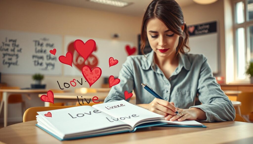 A creative illustration showcasing common spelling mix-ups related to the word "love." In the foreground, a beautiful Caucasian woman in smart-casual attire is thoughtfully writing on a notepad with various misspellings of "love" (like "loov," "lvoe," and "lvove") scattered around her. In the middle ground, a close-up view of the notepad highlights the different spellings, surrounded by red hearts and playful doodles. The background features a warm, softly lit classroom environment with motivational quotes on the walls. The mood is engaging and educational, with a focus on clarity and positivity. Use natural lighting to emphasize the colors of the hearts, creating a vibrant yet serene atmosphere. Capture the scene from a slightly elevated angle to encompass both the subject and the surrounding creativity.