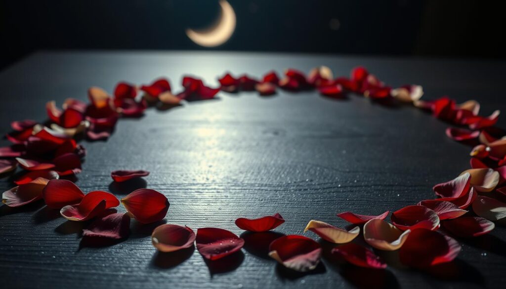 A delicate arrangement of vibrant rose petals forming a circular pattern on a smooth, dark wooden surface, symbolizing a love spell during the new moon. The scene captures the shimmering light from a crescent moon illuminating the petals softly, creating gentle shadows. In the background, a faint silhouette of a starry night sky can be seen, adding a mystical essence. The petals are in shades of deep red, pink, and cream, with dew drops glistening like tiny jewels. The overall mood is enchanting and romantic, evoking feelings of intimacy and magic. The composition is shot from a slightly elevated angle, focusing on the intricate details of the petals, inviting viewers to immerse themselves in the serene atmosphere.