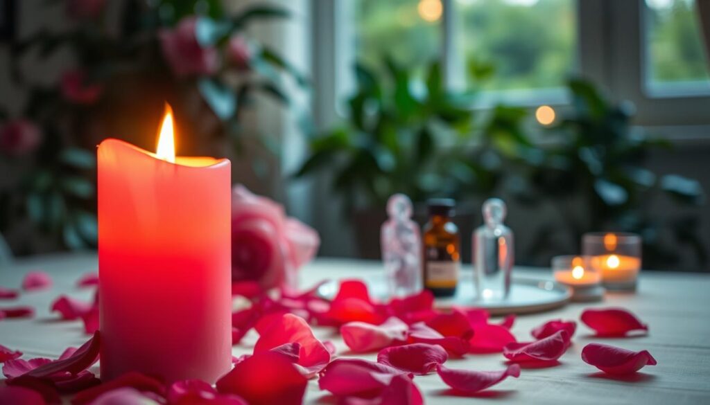 A delicate pink candle sits at the forefront, flickering softly with a warm, inviting glow. Surrounding the candle are scattered rose petals, their vibrant hues enhancing the intimate atmosphere. In the middle ground, an elegantly arranged altar displays small crystal figurines and a vial of essential oil, hinting at an enchanting ritual. In the background, a softly blurred room appears, filled with lush greenery and gentle candlelight, creating a serene ambiance. The scene is illuminated with soft, ambient lighting, reminiscent of a peaceful evening. The overall mood is romantic and mystical, evoking a sense of hope and new beginnings, perfect for attracting love. The angle is slightly elevated, capturing the essence of the spell being cast.