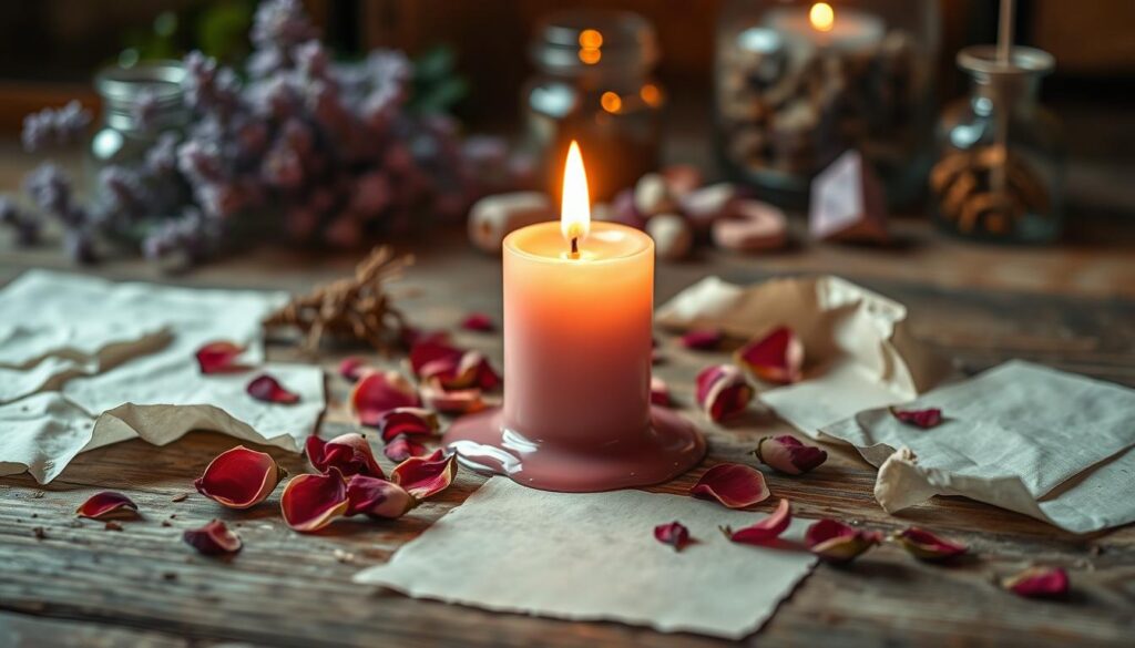 A delicate pink candle softly flickers at the center of a rustic wooden table, surrounded by crumpled pieces of parchment and a scattering of dried rose petals, which suggest a love spell in progress. The candle’s wax melts gently, leaving small pools of pink that glisten in the candlelight. In the background, a blurred assortment of herbs and crystals hint at the mystical nature of the spell, with soft lavender and green tones creating a calming atmosphere. The scene is warmly illuminated by gentle, diffused lighting to enhance the romantic feel, cast in a cozy, intimate setting. The overall mood is serene and inviting, perfect for conveying the essence of personalization without distraction.