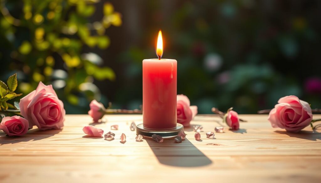 A delicate pink candle stands prominently at the center of a wooden table, its wax glistening in the warm, golden glow of gentle candlelight. Surrounding the candle are fresh pink roses and small crystals, enhancing the romantic atmosphere. In the background, soft, blurred greenery hints at a serene garden setting. The lighting is soft and inviting, casting gentle shadows that dance across the surface, creating an intimate mood. This scene is captured from a slightly elevated angle, providing a clear view of the candle and its surroundings, evoking a sense of tranquility and magic. The overall ambiance suggests a peaceful preparation for a love spell, perfect for beginners exploring the art of intention-setting.