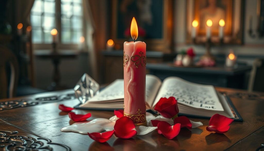 A delicate pink candle stands prominently in the foreground, its wax gently melting, creating small rivulets of wax that drip onto an ornate wooden table. The candle is adorned with intricate patterns of gold filigree and surrounded by fresh rose petals, which add vibrant touches of deep red and soft white tones. In the middle ground, there are softly glowing crystals and an open spellbook with elegant script, suggesting the act of casting a spell. The background features a softly blurred, warm-toned room with flickering candlelight, enhancing the intimate and magical atmosphere. The scene is illuminated by soft, warm lighting to evoke feelings of love and enchantment, captured with a shallow depth of field to focus on the candle and its surrounding elements. A delicate pink candle stands prominently in the foreground, its wax gently melting, creating small rivulets of wax that drip onto an ornate wooden table. The candle is adorned with intricate patterns of gold filigree and surrounded by fresh rose petals, which add vibrant touches of deep red and soft white tones. In the middle ground, there are softly glowing crystals and an open spellbook with elegant script, suggesting the act of casting a spell. The background features a softly blurred, warm-toned room with flickering candlelight, enhancing the intimate and magical atmosphere. The scene is illuminated by soft, warm lighting to evoke feelings of love and enchantment, captured with a shallow depth of field to focus on the candle and its surrounding elements.