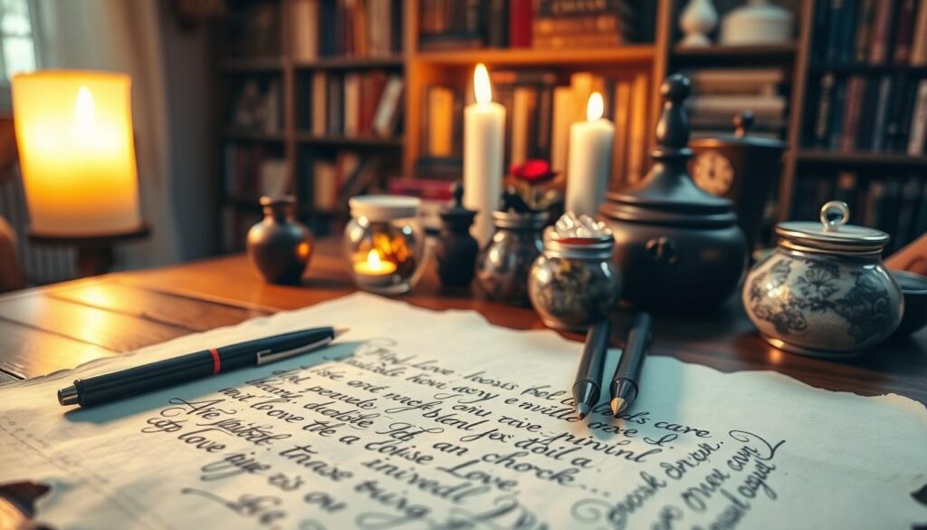 A detailed image of a beautifully crafted paper petition prominently displayed on a wooden table. In the foreground, the petition features handwritten, elegant calligraphy on aged parchment, surrounded by colorful ink pens. The middle ground includes various tools for the love spell: small, hand-painted ceramic jars filled with dried herbs and crystals, reflecting soft, warm candlelight. In the background, a cozy, softly lit room with shelves of books about magic and love spells can be seen, enhancing the intimate atmosphere. The overall mood is enchanting and inviting, with soft golden lighting creating a sense of warmth and focus. The camera angle captures the scene from a slight overhead perspective, drawing attention to the intricate details of the petition and its surrounding ritual items.