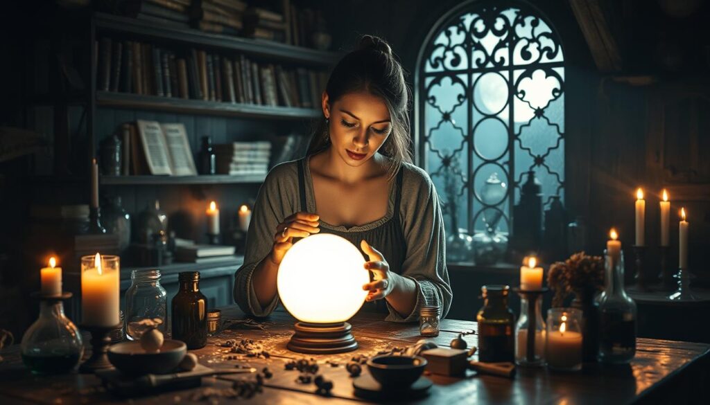 A dimly lit, enchanting workshop filled with various mystical ingredients and tools scattered across a wooden table in the foreground. A beautiful Caucasian woman in modest, casual clothing carefully examines a glowing crystal ball, reflecting her focused expression as she attempts to troubleshoot a love spell. Soft, diffused candlelight casts gentle shadows, creating an atmosphere of mystery and introspection. In the middle ground, shelves lined with ancient spell books and potion jars provide a magical backdrop, while the background features an ornate window that filters moonlight, enhancing the ethereal quality of the scene. The overall mood is contemplative and mystical, emphasizing the connection between introspection and the magical arts. A dimly lit, enchanting workshop filled with various mystical ingredients and tools scattered across a wooden table in the foreground. A beautiful Caucasian woman in modest, casual clothing carefully examines a glowing crystal ball, reflecting her focused expression as she attempts to troubleshoot a love spell. Soft, diffused candlelight casts gentle shadows, creating an atmosphere of mystery and introspection. In the middle ground, shelves lined with ancient spell books and potion jars provide a magical backdrop, while the background features an ornate window that filters moonlight, enhancing the ethereal quality of the scene. The overall mood is contemplative and mystical, emphasizing the connection between introspection and the magical arts.