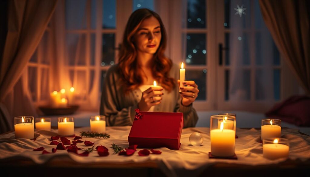 A dimly lit room filled with soft, warm candlelight creates an enchanting atmosphere. In the foreground, a beautifully arranged altar with a delicate red love spell kit rests serenely on a silk cloth, featuring items like rose petals, herbs, and a small crystal. In the middle, a graceful Caucasian woman in modest casual clothing is seen thoughtfully holding a candle, her expression serene and focused as she prepares to cast the spell. The background reveals a softly blurred window with twinkling stars outside, enhancing the magical nighttime feel. The lighting is warm and inviting, illuminating the scene with a soft glow. The overall mood is mystical and romantic, embodying the essence of love and intention without any distractions.