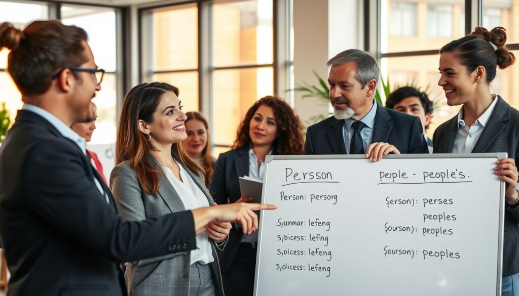 A diverse group of professional individuals engages in a lively discussion about grammar in a bright, modern office space. In the foreground, a Caucasian woman in business attire points at a whiteboard filled with examples of "person," "people," and "peoples," illustrating their differences. In the middle ground, a Caucasian man, also dressed professionally, listens intently while taking notes, with a thoughtful expression. The background features large windows letting in warm natural light, creating a welcoming atmosphere. A few plants add a touch of greenery, enhancing the vibrant and educational mood of the scene. The image captures the dynamic interaction and enthusiasm surrounding the topic of grammar usage, emphasizing collaboration and learning in a contemporary setting. A diverse group of professional individuals engages in a lively discussion about grammar in a bright, modern office space. In the foreground, a Caucasian woman in business attire points at a whiteboard filled with examples of "person," "people," and "peoples," illustrating their differences. In the middle ground, a Caucasian man, also dressed professionally, listens intently while taking notes, with a thoughtful expression. The background features large windows letting in warm natural light, creating a welcoming atmosphere. A few plants add a touch of greenery, enhancing the vibrant and educational mood of the scene. The image captures the dynamic interaction and enthusiasm surrounding the topic of grammar usage, emphasizing collaboration and learning in a contemporary setting.