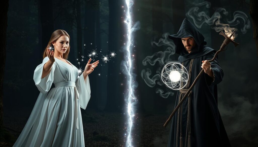 A dramatic scene depicting the contrast between white magic and black magic. In the foreground, a beautiful Caucasian woman in elegant white robes, representing white magic, is casting a spell with a glowing wand, surrounded by sparkling, ethereal light. On the opposite side, a handsome Caucasian man in dark robes symbolizes black magic, conjuring shadows and smoke with a mystic staff, enveloped in swirling darkness. In the middle ground, a shimmering barrier of light divides the two figures, illustrating their opposing energies. The background features a mystical forest, with soft, enchanted lighting illuminating the white magic side, while the black magic area is shrouded in deep, ominous shadows. The overall mood captures the tension between light and dark, creating a captivating atmosphere. A dramatic scene depicting the contrast between white magic and black magic. In the foreground, a beautiful Caucasian woman in elegant white robes, representing white magic, is casting a spell with a glowing wand, surrounded by sparkling, ethereal light. On the opposite side, a handsome Caucasian man in dark robes symbolizes black magic, conjuring shadows and smoke with a mystic staff, enveloped in swirling darkness. In the middle ground, a shimmering barrier of light divides the two figures, illustrating their opposing energies. The background features a mystical forest, with soft, enchanted lighting illuminating the white magic side, while the black magic area is shrouded in deep, ominous shadows. The overall mood captures the tension between light and dark, creating a captivating atmosphere.