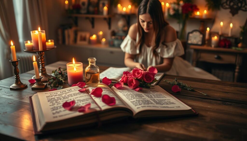 A enchanting love spell scene set on a wooden table, adorned with delicate, colorful candles flickering gently, casting warm, inviting light. In the foreground, a beautiful Caucasian woman, dressed in a modest, flowing white gown, kneels beside a small altar, focused on a love potion in a glass vial. Across the table, vibrant pink rose petals and herbs are artfully arranged, enhancing the romantic atmosphere. The middle ground features an intricately designed spellbook opened to reveal handwritten notes on love spells, with soft shadows adding depth. The background is softly blurred, showcasing a serene, candlelit room filled with mystical decorations. The overall mood is magical and inviting, perfect for initiating a heartfelt love spell. The lighting is warm and ethereal, amplifying a sense of intimacy and enchantment.