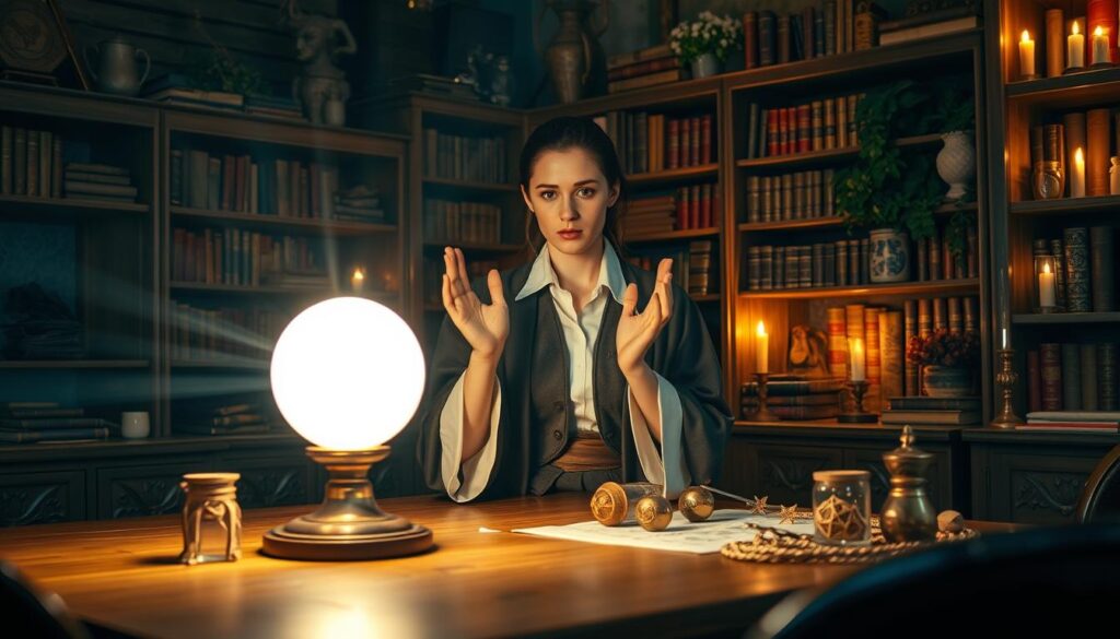 A focused scene depicting a beautiful Caucasian wizard, dressed in professional, modest attire, casting a spell with intense concentration. In the foreground, the wizard stands at a wooden table, hands raised, surrounded by glowing magical symbols and ingredients carefully arranged. The middle ground showcases a softly glowing crystal orb, signifying safety in magic use, with light rays illuminating the scene. In the background, a cozy, well-organized study with bookshelves filled with ancient tomes, herbal plants, and mystical artifacts, all bathed in warm candlelight. Use a slightly tilted angle to create depth, capturing the atmosphere of calmness and responsibility, emphasizing the importance of safety and ethics in magic casting. The lighting should be warm and inviting, enhancing the mood of focus and careful practice.