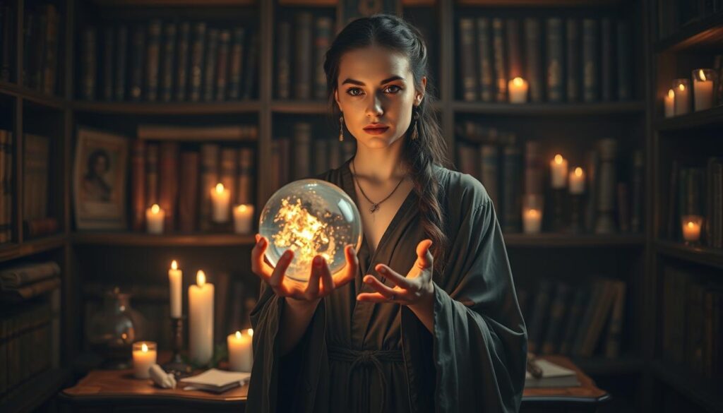A focused spell caster stands in a softly lit, mystical room, surrounded by shelves filled with ancient books and flickering candles. In the foreground, the spell caster, a beautiful Caucasian woman in a flowing, elegant robe, holds an ornate crystal ball that reflects the warm candlelight. Her expression is serene yet determined, exuding professionalism and mystical knowledge. In the middle background, a wooden table is adorned with various spell-casting tools like herbs, crystals, and parchment, while shimmering energy swirls subtly around her hands. The dim lighting casts gentle shadows, enhancing the atmosphere of mystery and enchantment. This captivating scene invites curiosity about the powerful art of spell casting.
