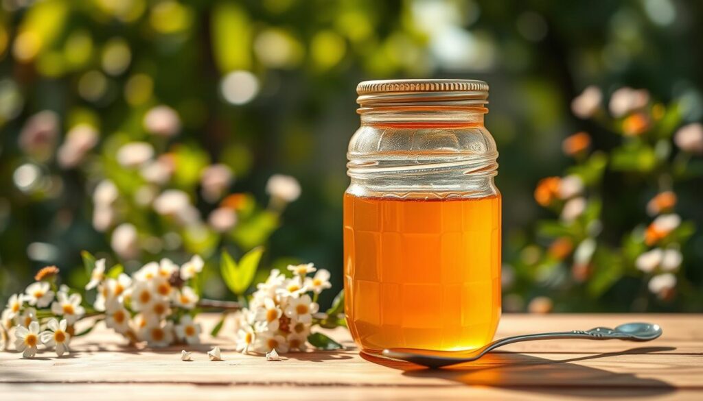 A glass honey jar, filled with golden, viscous honey, positioned prominently in the foreground. The jar features an ornate lid, reflecting soft sunlight, which creates a warm glow around it. Surrounding the jar, delicate flowers in pastel colors and lush green foliage provide a natural, inviting atmosphere. In the middle ground, a rustic wooden table enhances the country charm, while a vintage silver spoon rests beside the jar, hinting at sweetness and care. In the background, a softly blurred garden scene with dappled sunlight filtering through the leaves creates a dreamy, serene mood. The scene is captured in warm, natural lighting, emphasizing the golden tones of the honey and the vibrant colors of the flowers. The overall composition exudes a sense of warmth, love, and nature's magic.