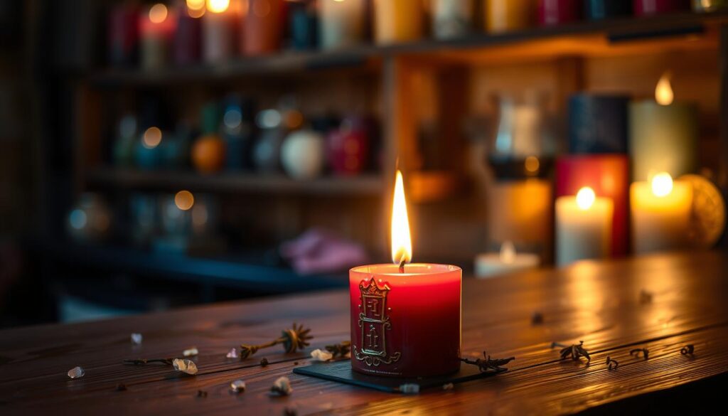 A glowing candle sits elegantly on a wooden table, surrounded by a few scattered herbs and crystals that hint at the magical arts. The candle, a rich crimson, flickers softly, casting warm, inviting light and gentle shadows that dance across the surface. In the background, a rustic shelf holds an array of colorful candles in various shapes and sizes, adding depth and interest to the scene. Dim ambient lighting enhances the intimate atmosphere, creating a sense of mystery and enchantment. The focus is on the candle, angled slightly to reveal its intricate design and the gentle wax drippings, while the soft bokeh effect in the background adds a dreamy quality. The overall mood is serene and inviting, perfect for a beginner-friendly exploration of candle magic.