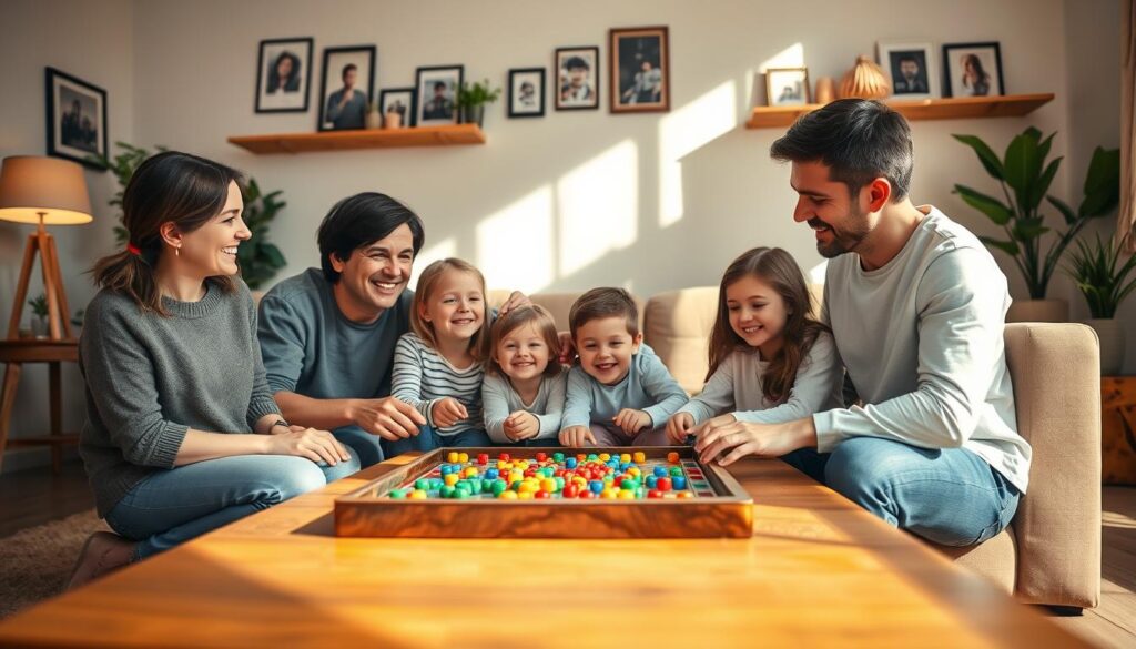 A heartfelt family scene showcasing quality time together in a cozy living room. In the foreground, a beautiful Caucasian family of four—parents in modest casual clothing and two children—happily engaged in a board game on a large coffee table, filled with colorful game pieces. In the middle ground, soft lighting from a floor lamp and sunlight streaming through a window create a warm and inviting atmosphere, with family photos adorning the walls. In the background, a comfortable couch and potted plants enhance the cozy vibe. The overall mood is joyful and intimate, emphasizing the value of quality time together. The image is captured from a slightly elevated angle to encompass the whole scene, with a soft focus effect emphasizing warmth and togetherness.