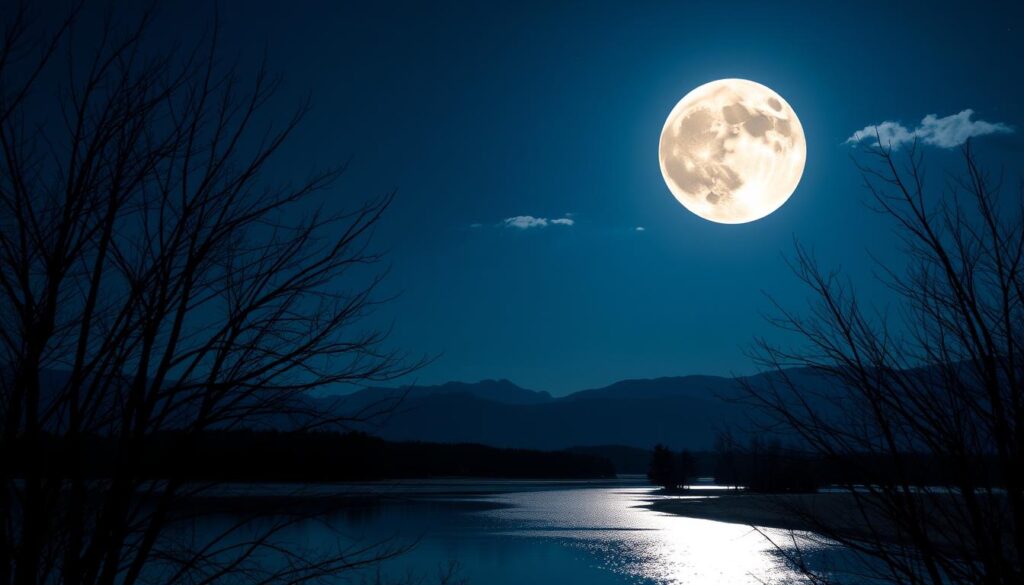 A luminous full moon casts a radiant glow over a serene landscape at night. In the foreground, delicate silhouettes of barren trees stretch toward the sky, their branches gently swaying in the cool breeze. The middle ground features a tranquil lake that reflects the moon's shimmering light, creating a mesmerizing silver pathway across its surface. The background showcases a silhouette of distant mountains under a starry night, with a few wispy clouds adding depth to the sky. Soft, ethereal lighting bathes the scene in a calming atmosphere, evoking feelings of introspection and magic. The angle is slightly tilted upward, emphasizing the grandeur of the full moon and the deep blue hues of the night sky, inviting contemplation and serenity.