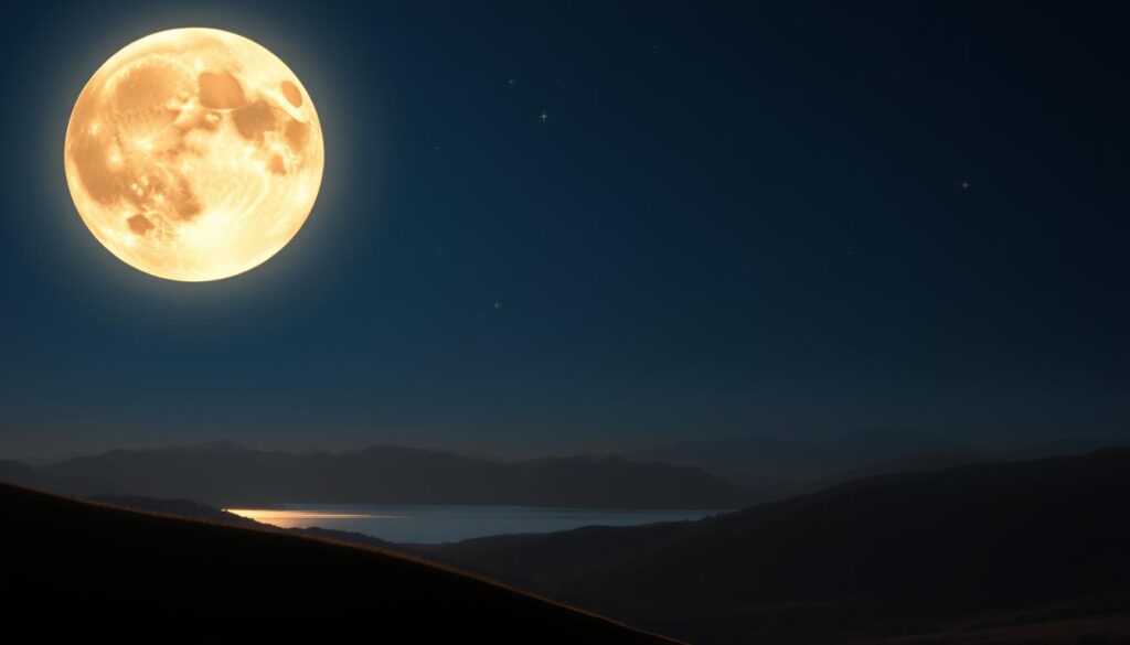 A luminous full moon hangs majestically in a deep indigo sky, its surface detailed with craters and shimmering lunar dust. In the foreground, a serene landscape features gentle hills, softly lit by the moonlight, casting long shadows. In the middle ground, a tranquil lake reflects the moon's glow, creating a sense of calm. A scattering of twinkling stars surrounds the moon, enhancing the enchanting atmosphere. The scene has a mystical quality, evoking feelings of magic and potential, ideal for love spells. Soft, warm lighting bathes the entire composition, providing a soothing ambiance. The focus is sharp on the moon while the surrounding elements are slightly blurred to create depth. Overall, the image conveys a peaceful yet powerful energy, perfect for reflecting the themes of love and magic.