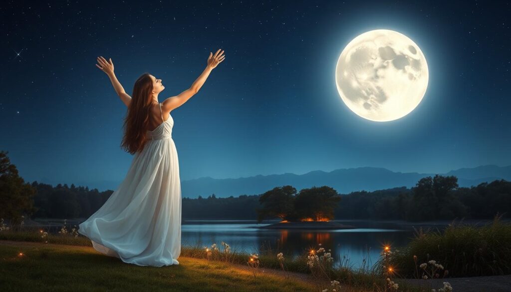 A luminous full moon shines brightly in a starry night sky, casting its silvery light over a serene landscape. In the foreground, a beautiful Caucasian woman dressed in a flowing, elegant white gown stands with her arms raised, as if invoking the moon’s energy. Her long hair flows elegantly in the gentle breeze, while she appears peaceful and focused. In the middle ground, a tranquil lake reflects the moon’s glow, surrounded by lush trees and softly illuminated flowers, creating a magical atmosphere. The background features distant mountains, slightly shrouded in mist, adding depth to the scene. Soft, ethereal lighting enhances the enchanting feel, and the overall mood is one of tranquility and connection, perfectly suited for a love spell setting. A luminous full moon shines brightly in a starry night sky, casting its silvery light over a serene landscape. In the foreground, a beautiful Caucasian woman dressed in a flowing, elegant white gown stands with her arms raised, as if invoking the moon’s energy. Her long hair flows elegantly in the gentle breeze, while she appears peaceful and focused. In the middle ground, a tranquil lake reflects the moon’s glow, surrounded by lush trees and softly illuminated flowers, creating a magical atmosphere. The background features distant mountains, slightly shrouded in mist, adding depth to the scene. Soft, ethereal lighting enhances the enchanting feel, and the overall mood is one of tranquility and connection, perfectly suited for a love spell setting.