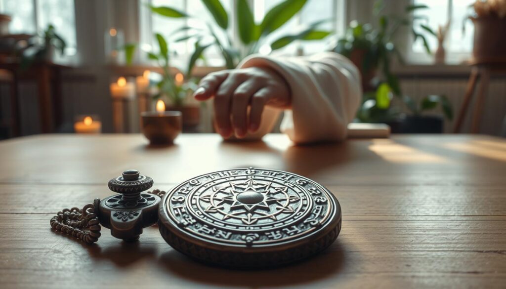 A mesmerizing protection amulet, intricately designed with symbols of strength and positivity, lies in the foreground. The amulet is adorned with shimmering gemstones and engraved runes, catching the soft light that enhances its mystical aura. In the middle ground, a delicate hand, elegantly draped in a modest garment, holds the amulet, showcasing its significance. Surrounding the amulet is a simple wooden table, adding warmth and grounding the scene. In the background, a softly lit room filled with plants and candles creates a serene and calming atmosphere, suggesting a peaceful, protective energy. The lighting is soft and ethereal, enhancing the magical feel of the amulet while shadows dance gently across the environment, inviting viewers to explore the theme of protection and positivity.