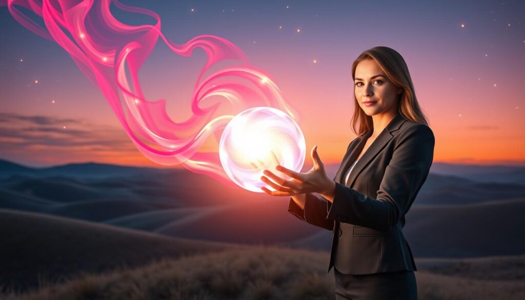A mesmerizing scene illustrating the concept of "energy" in the context of love spells. In the foreground, a glowing orb of vibrant, swirling colors—reds, pinks, and violets—emanates a soft light, symbolizing the energy of love. The middle ground features two beautiful, Caucasian figures in professional business attire, their hands gently reaching towards the orb, faces reflecting focus and intent. In the background, an ethereal landscape of soft, undulating hills under a twilight sky, scattered stars twinkling like tiny sparks of magic. The lighting is warm and enchanting, casting an inviting glow around the figures. The atmosphere is one of serenity and concentration, evoking a sense of deep connection and the power of the mind harnessing energy to manifest desire.