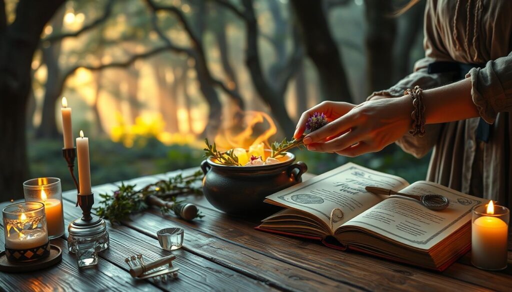 A mystical and enchanting scene depicting beginner-friendly love spell methods. In the foreground, a wooden table adorned with shimmering crystals, candles flickering gently, and an open spellbook with elegant illustrations. A delicate pair of hands, clad in modest clothing, is carefully arranging fragrant herbs and flowers. In the middle ground, soft shadows dance around a glowing cauldron, where magical energy gently swirls. The background features a soft-focus view of an ancient forest, bathed in warm, ethereal light filtering through the trees, creating an atmosphere of tranquility and wonder. The overall mood is inviting and serene, evoking a sense of hope and magic in the air.