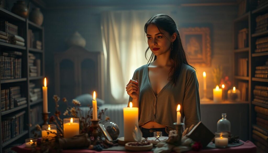 A mystical and introspective scene depicting the essence of love spells, focusing on a beautifully arranged altar in the foreground adorned with candles, dried flowers, and crystals. A thoughtful Caucasian woman in modest casual clothing, with an expression of contemplation, stands at the altar, her hands gently touching a flickering candle. In the middle, there is a soft, ethereal glow emanating from the altar, casting warm light that illuminates her serene face and the items around her. The background features a tranquil, dimly lit room filled with shelves of ancient books and mystical artifacts, creating an inviting yet enigmatic atmosphere. A soft focus on the background enhances the feeling of depth, while warm, moody lighting adds a sense of magic and intrigue, symbolizing the complexity and uncertainty of love spells.