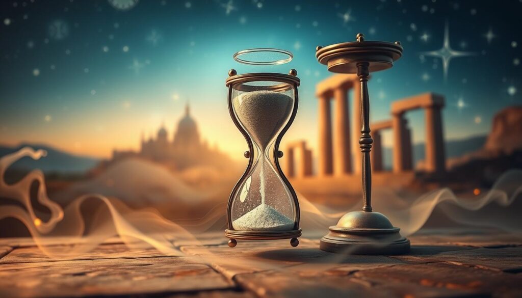 A mystical and symbolic representation of time, focused on an intricately designed hourglass with swirling sands suspended in motion in the foreground. The middle ground features ethereal clock faces, some distorted and melting, to convey the fluidity and complexity of time. In the background, a dreamy landscape of ancient ruins and softly glowing stars creates an enchanting atmosphere. Soft, warm lighting illuminates the scene, enhancing the magical essence. Use a shallow depth of field to emphasize the hourglass while creating a soft bokeh effect in the background, suggesting the movement of time. The image should evoke feelings of wonder and contemplation, inviting viewers to reflect on the nature of timing and its relevance to love and binding spells.