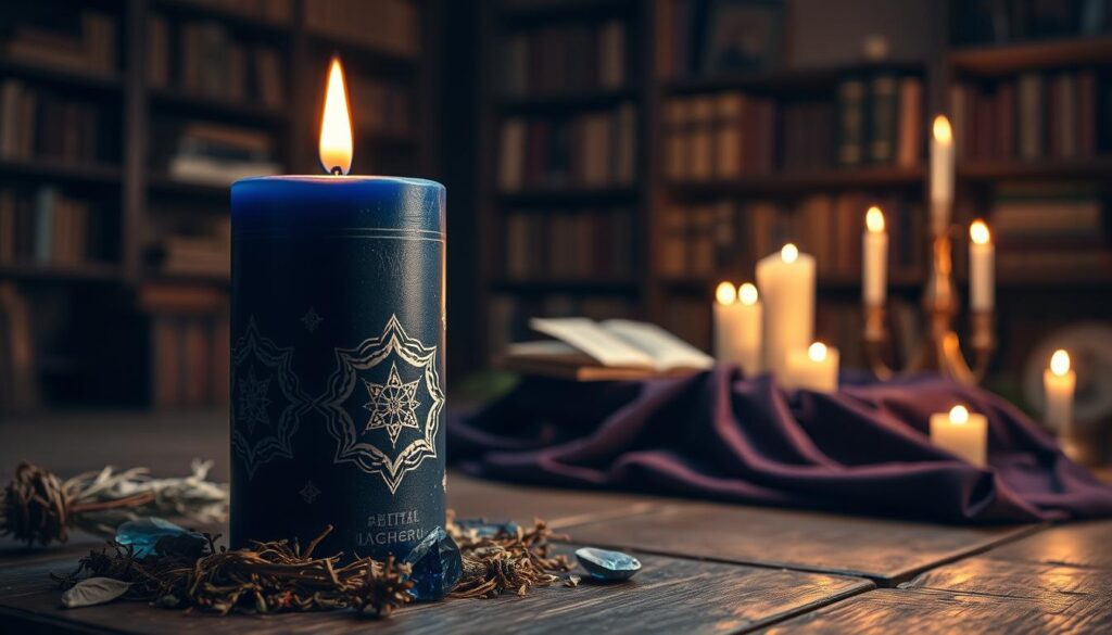 A mystical candle for ritual resistance, beautifully crafted from deep indigo wax, adorned with delicate silver etchings depicting protective symbols. In the foreground, the candle emits a soft, flickering light, casting mesmerizing shadows. Surrounding it, a circle of dried herbs and crystals, including sage and lapis lazuli, enhancing the ambiance of spiritual strength. In the middle ground, a softly glowing altar draped in rich velvet fabric, illuminated by warm candlelight that creates a serene atmosphere. The background features an inviting, dimly lit room filled with shelves of ancient spell books and artifacts. The mood is deeply contemplative and empowering, inviting the viewer to reflect on the theme of resilience and protection in love spells. The image is captured in soft focus, creating a dreamlike quality.