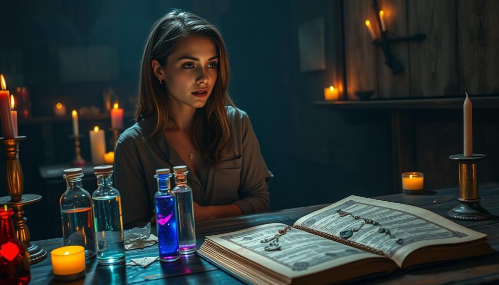 A mystical, dimly-lit room filled with colorful candles and arcane symbols on a wooden table. In the foreground, a beautiful Caucasian woman in modest casual clothing, her expression one of contemplation, gazes at shimmering love potion vials, each with unique, glowing colors. The middle ground features an open grimoire with faded pages, scattered herbs, and delicate charms, suggesting a spell is in progress. In the background, shadows dance across the walls, creating an enchanting atmosphere that evokes intrigue and caution. Soft, warm lighting casts a gentle glow, enhancing the sense of mystery and magic while hinting at the potential pitfalls of love spells. A feeling of curiosity mixed with caution permeates the scene, inviting viewers to ponder the complexities of love and desire.