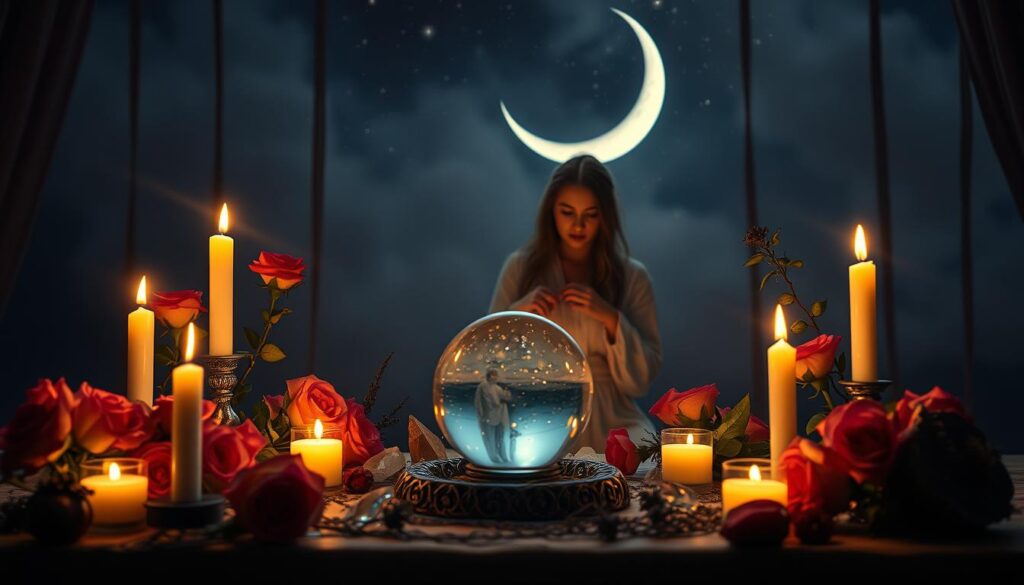 A mystical, enchanting scene portraying the elements of love spells. In the foreground, a beautifully arranged altar is illuminated by flickering candles, surrounded by fresh roses and delicate crystals. A crystal ball rests at the center, reflecting soft, ethereal light. In the middle ground, a serene figure, a beautiful Caucasian woman, is dressed in modest, flowing attire, skillfully preparing herbs and ingredients for a love spell. She appears focused and serene, embodying the spirit of magic. In the background, a crescent moon hangs in a starry sky, casting a gentle glow over the setting, hinting at the significance of moon phases. The atmosphere is warm and inviting, evoking a sense of romance and mystery, with soft lighting enhancing the dreamlike ambiance.