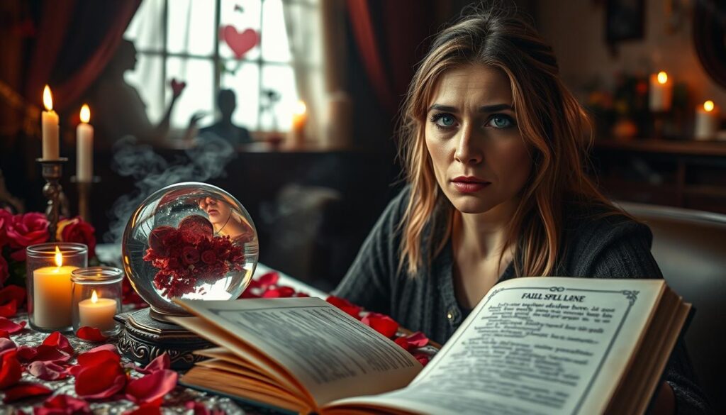 A mystical indoor setting bathed in soft, dim candlelight, featuring a beautifully decorated table strewn with spell components — rose petals, crystals, and incense. In the foreground, a thoughtful Caucasian woman in modest casual clothing, with an expression of concern, gazes at a tome of spells with an open page showing a failed love spell. In the middle, an intricate crystal ball reflects distorted images of hearts and flowers, symbolizing unfulfilled desires. In the background, shadowy silhouettes of love symbols linger, while flickering candle flames cast dancing shadows, enhancing the atmosphere of uncertainty and introspection. The mood is contemplative, evoking a sense of introspection and the challenges of love magic. The scene is captured with a soft focus lens to create a dreamy yet somber atmosphere.