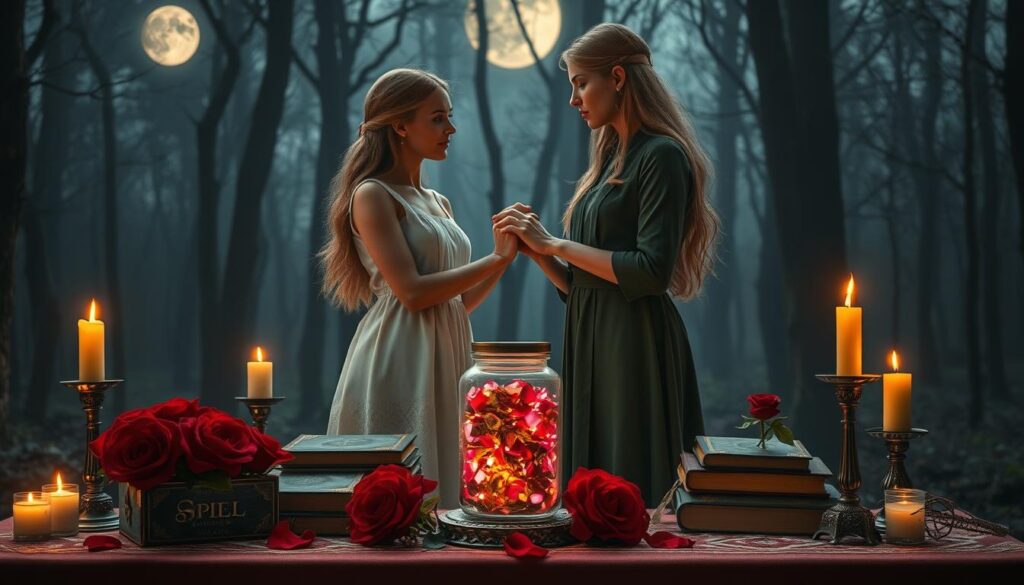 A mystical love binding spell scene, featuring a beautifully arranged altar in the foreground adorned with candles, vibrant red roses, and intricate spell books. In the middle, a delicate spell jar filled with shimmering pink and gold herbs emits a soft, enchanting glow. Two elegant Caucasian figures, dressed in modest yet stylish clothing, stand together, their hands intertwined over the altar, gazing at each other with deep emotion. The background features a dimly lit, atmospheric forest, softly illuminated by moonlight filtering through the trees, creating a sense of enchantment. The overall mood is magical and romantic, with warm, inviting lighting that enhances the spellbinding energy of the moment. This image captures the essence of love and connection through the practice of a binding spell.
