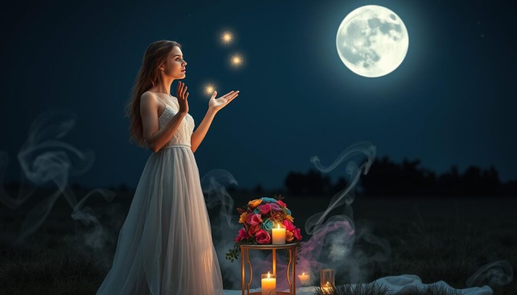 A mystical love spell scene depicting a beautiful Caucasian woman casting a spell under a full moon. In the foreground, she stands gracefully, dressed in a flowing, ethereal gown with delicate details, her hands raised towards the sky, surrounded by softly glowing orbs of light. The middle ground features a crystal ball on a small table adorned with candles and vibrant flowers, while wisps of colorful smoke swirl around, symbolizing the energy of love. The background shows a dark, starry night sky with a silhouette of distant trees. The atmosphere is enchanting and serene, bathed in soft, silver moonlight that enhances the magical ambience. The composition should capture a sense of longing and connection, inviting viewers to feel the essence of distant love.