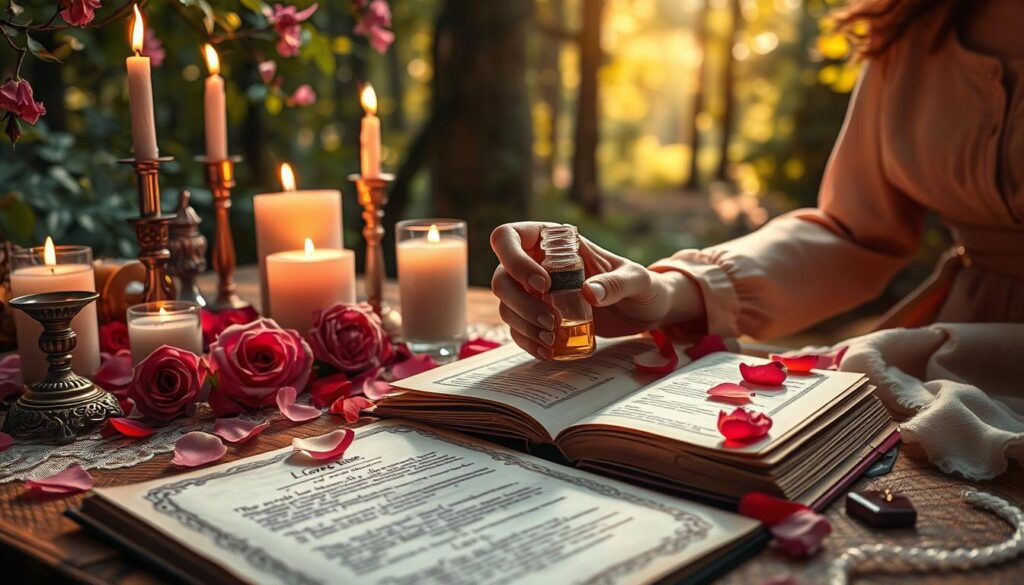 A mystical love spell scene, showcasing an enchanting altar adorned with scented candles, delicate rose petals, and shimmering crystals. In the foreground, a beautifully arranged spell book lies open, revealing hand-written notes on love and attraction. The middle ground features a pair of elegant hands—one Caucasian woman in a modest, flowing dress—carefully preparing a potion in a small glass vial, her focused expression reflecting intent and care. The background reveals a soft-focus forest setting, illuminated by dappled sunlight filtering through leaves, creating a dreamlike atmosphere. The colors are warm and inviting, with tones of pink and gold, evoking feelings of magic and romance. The lighting is soft and ethereal, enhancing the enchanting mood of the love spell theme. A mystical love spell scene, showcasing an enchanting altar adorned with scented candles, delicate rose petals, and shimmering crystals. In the foreground, a beautifully arranged spell book lies open, revealing hand-written notes on love and attraction. The middle ground features a pair of elegant hands—one Caucasian woman in a modest, flowing dress—carefully preparing a potion in a small glass vial, her focused expression reflecting intent and care. The background reveals a soft-focus forest setting, illuminated by dappled sunlight filtering through leaves, creating a dreamlike atmosphere. The colors are warm and inviting, with tones of pink and gold, evoking feelings of magic and romance. The lighting is soft and ethereal, enhancing the enchanting mood of the love spell theme.