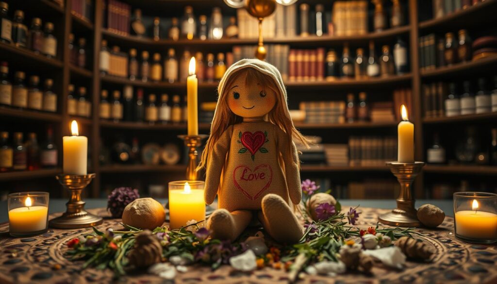 A mystical poppet doll, crafted from soft, earthy fabric, sits at the center of an intricately designed altar adorned with candles and crystals. The foreground captures the doll's delicate features, with embroidered details symbolizing love, and its heart is gently glowing with a warm, inviting light. In the middle ground, a softly flickering candle casts a gentle, golden glow, illuminating herbs and flowers arranged around the poppet. The background features a dimly lit room filled with shelves lined with potion bottles and spell books, enhancing the atmosphere of magic and intention. The scene is captured with a shallow depth of field, emphasizing the poppet while creating a mysterious ambiance. The overall mood is enchanting and serene, inviting viewers into the world of Poppet Magic.